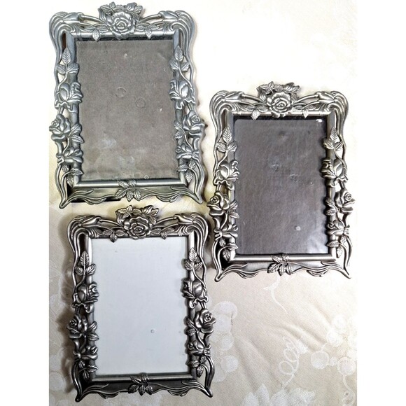 3 Vintage Rose Ornate Pewter Picture Frames 1 Matte 2 A Bit Shiny 4.5" x 6.5"ish - Picture 2 of 12